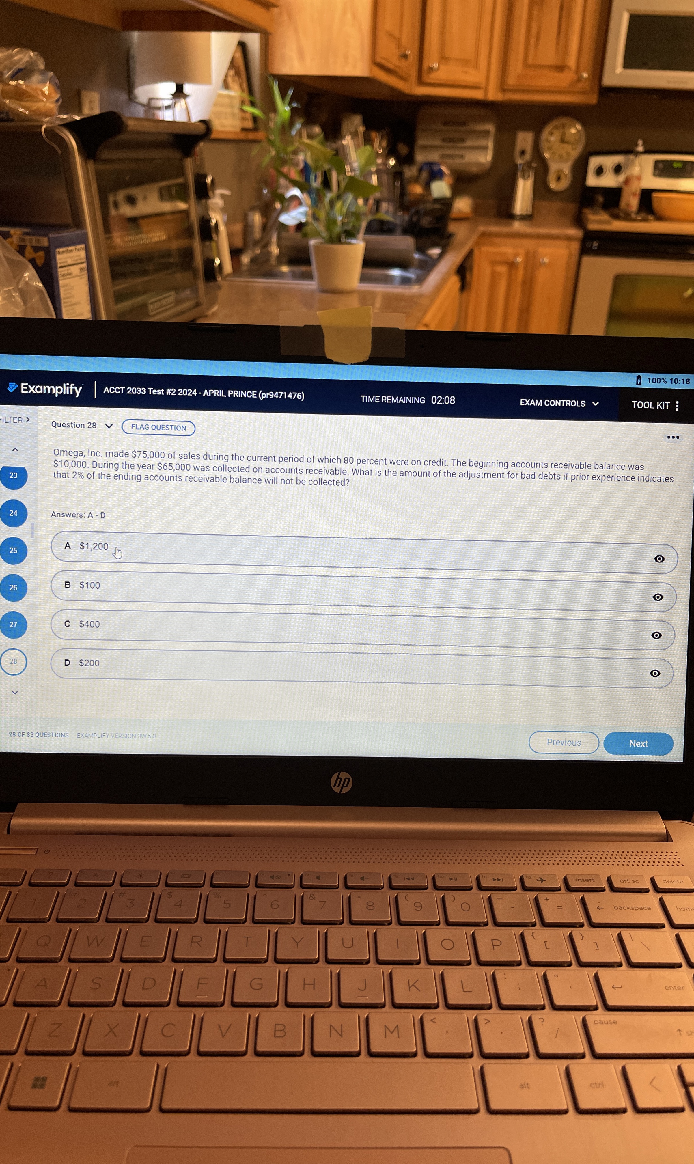  Examplify ACCT 2033 Test #22024-APRIL PRINGE (pr9471476) TIMEREMAINING 02:08 EXAM CONTROLS