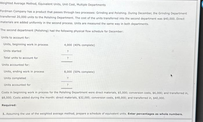  Weighted Average Method, Equivalent Units, Unit Cost, Multiple Departments Fordman Company
