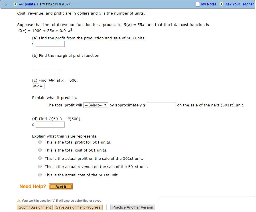  6. 7 points HarMathAp 11 9.9.027 My Notes Ask Your Teacher