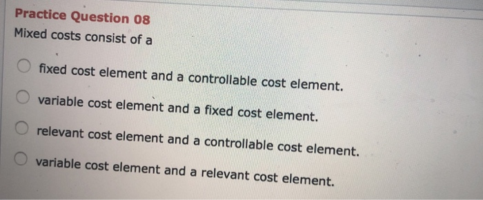 costs stay the same at every activity level. O It varies in