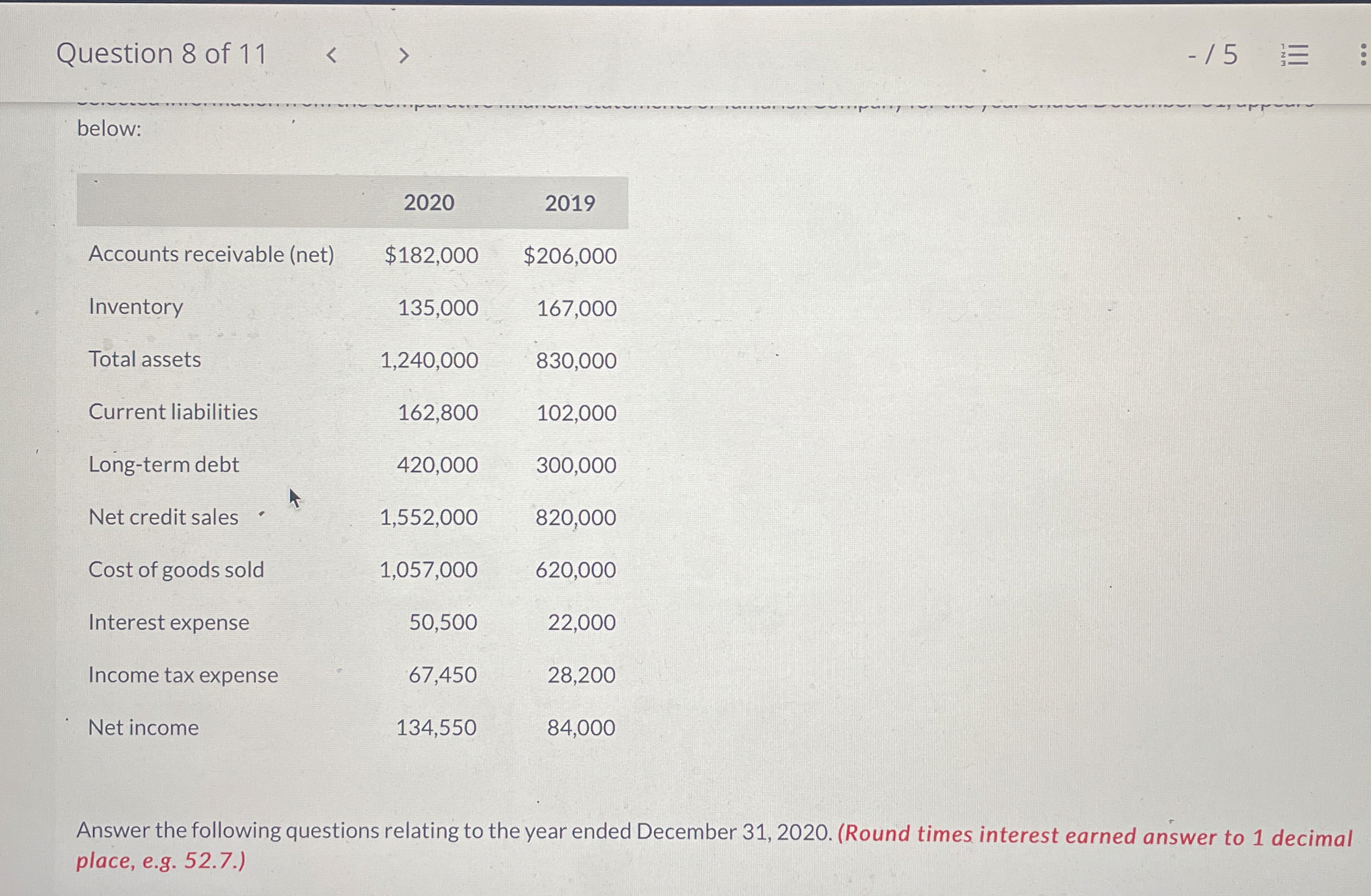  Question 8 of 11 -5 below: \table[[,2020,2019],[Accounts receivable (net),$182,000,$206,000 
