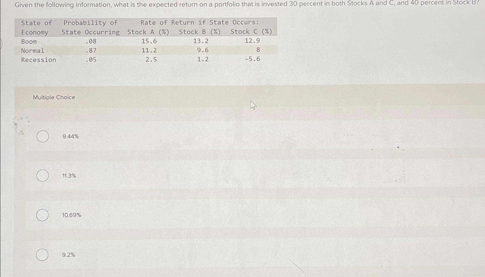  Given the following information, what is the expected return on a