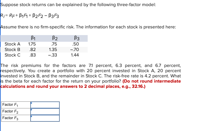  Suppose stock returns can be explained by the following three-factor model: