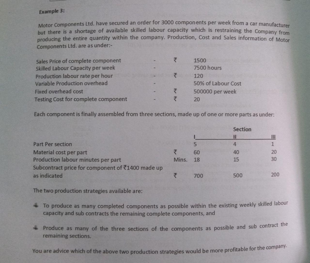  Example 3: Motor Components Ltd. have secured an order for 3000