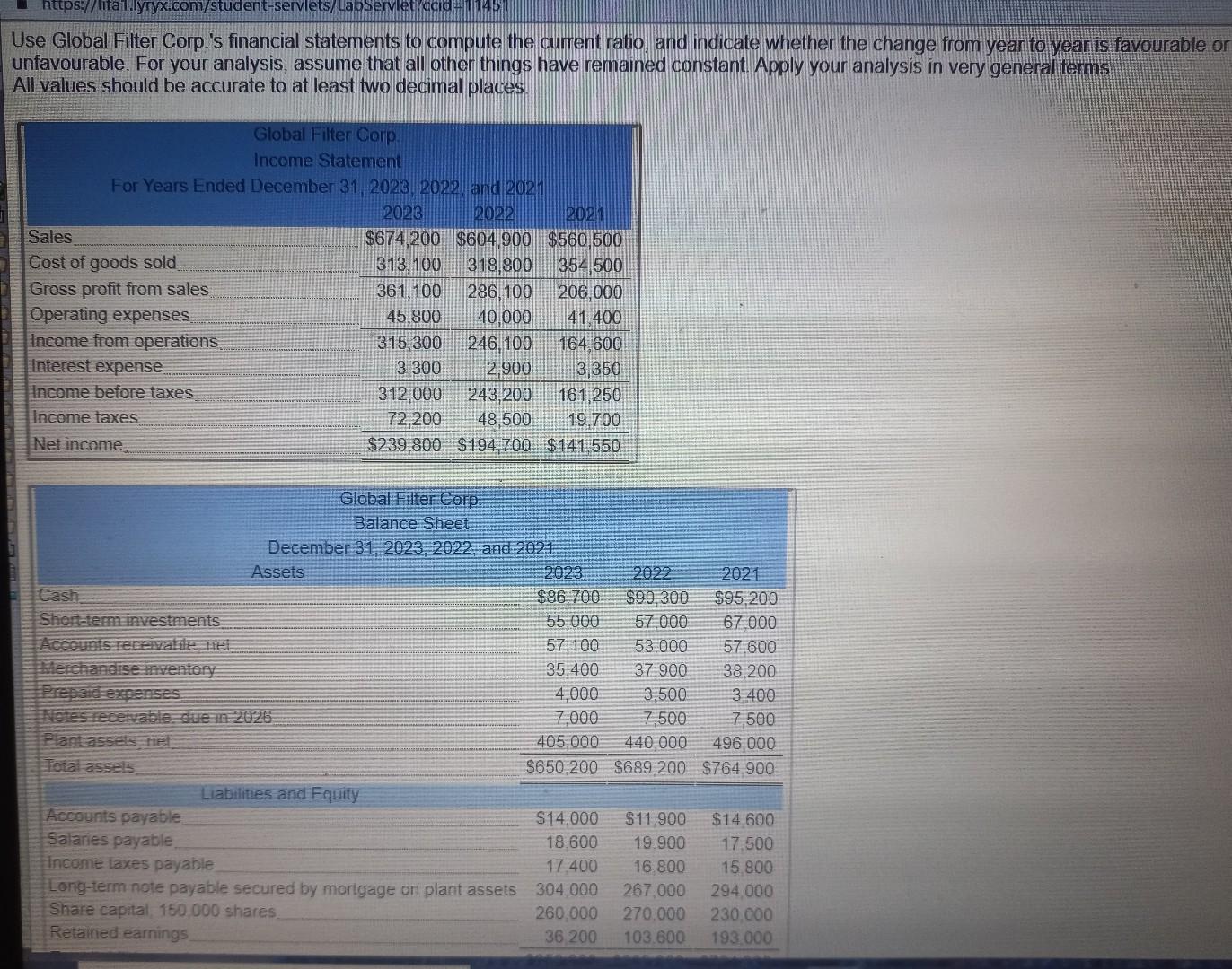 Use Global Filter Corp.'s financial statements to compute the current ratio,