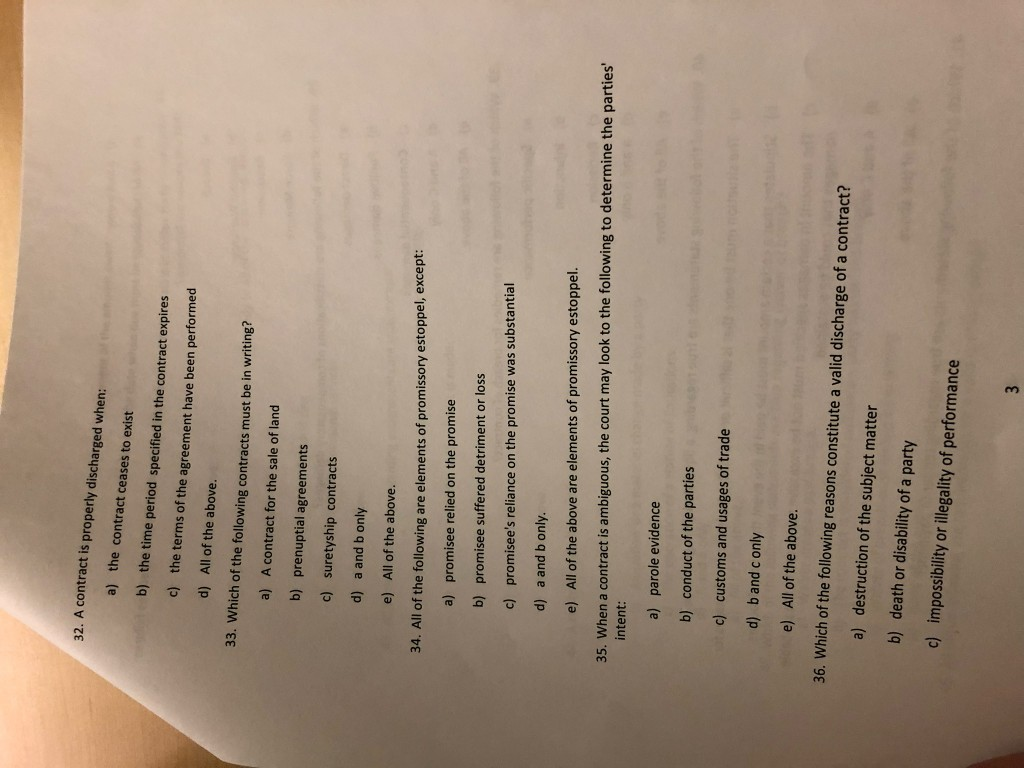 32. A contract is properly discharged when: a) the contract ceases