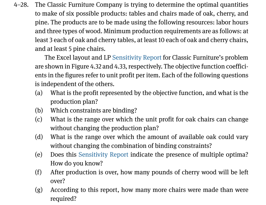 8. The Classic Furniture Company is trying to determine the optimal quantities