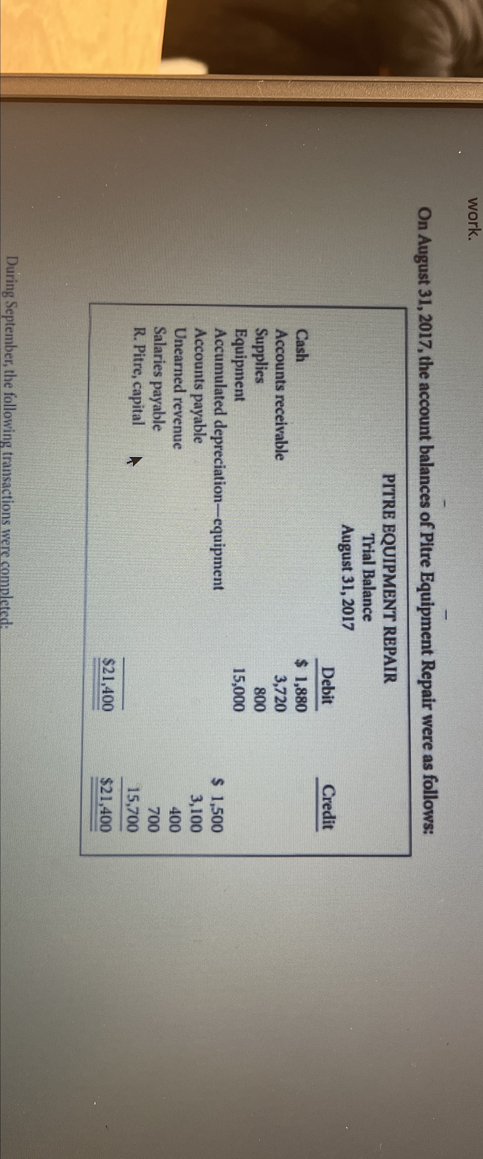  work. On August 31,2017, Enter the august 31,2017 balanced in yhe