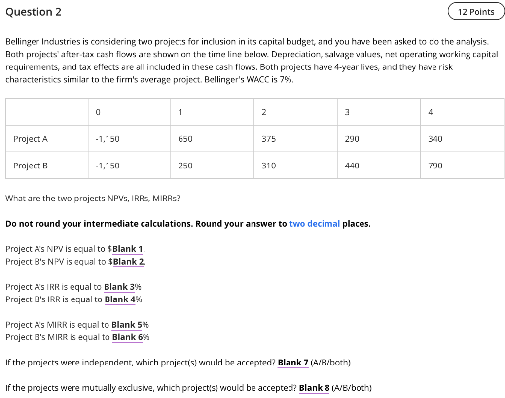 budget, and you have been asked to do the analysis. Both projects'