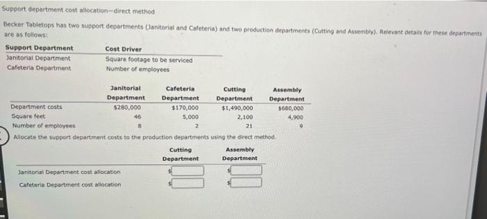  Support department cost allocation direct method Becker Tabletops has two support