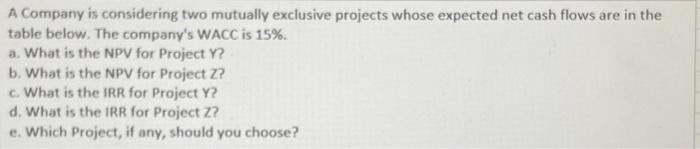 Please Show Your Work A Company is considering two mutually exclusive projects