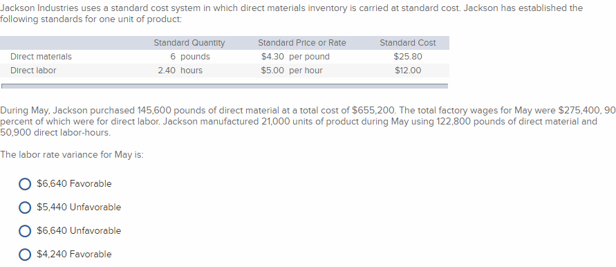  Jackson Industries uses a standard cost system in which direct materials