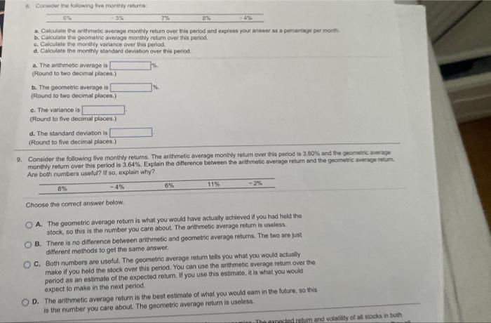  a. Calculate the arithmetie average montfly return over Eils period and