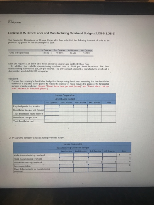  Quantitative accounting 10.00 points Exercise 8-15 Direct Labor and Manufacturing Overhead