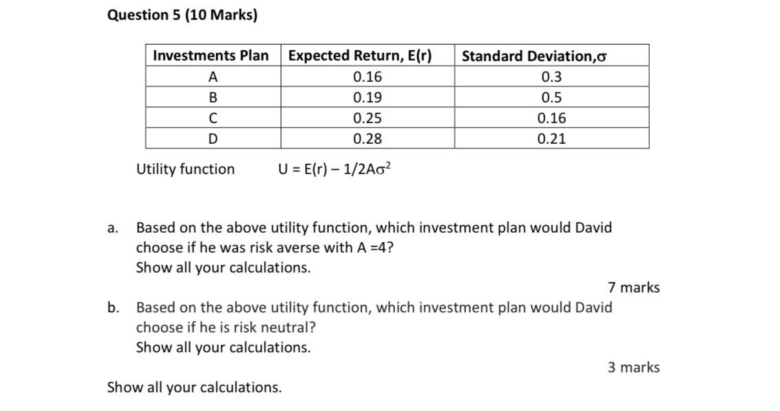  Question 5 (10 Marks) Investments Plan B Expected Return, E(r) 0.16