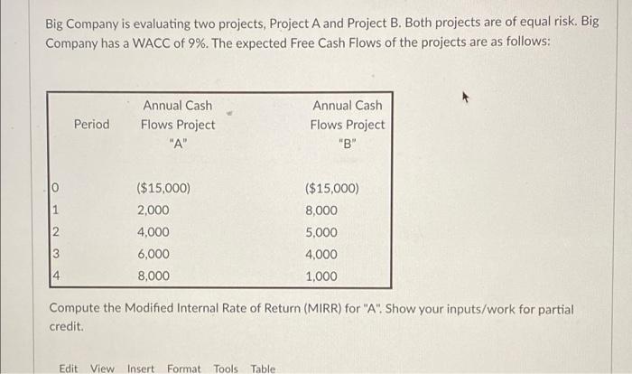 ill leave a like Big Company is evaluating two projects, Project A