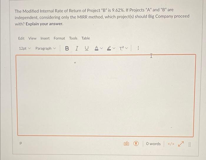 and Project B. Both projects are of equal risk. Big Company has