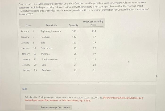 help me solve please Concord Inc. is a retailer operating in British
