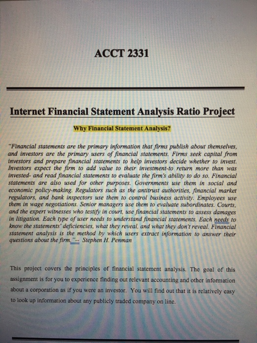  ACCT 2331 Internet Financial Statement Analysis Ratio Project Why Financial Statement