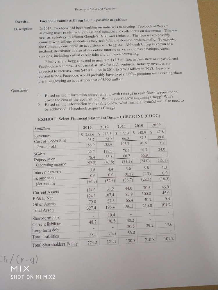 BUSA 4980 please show your work Exercise - M&A and Valuation