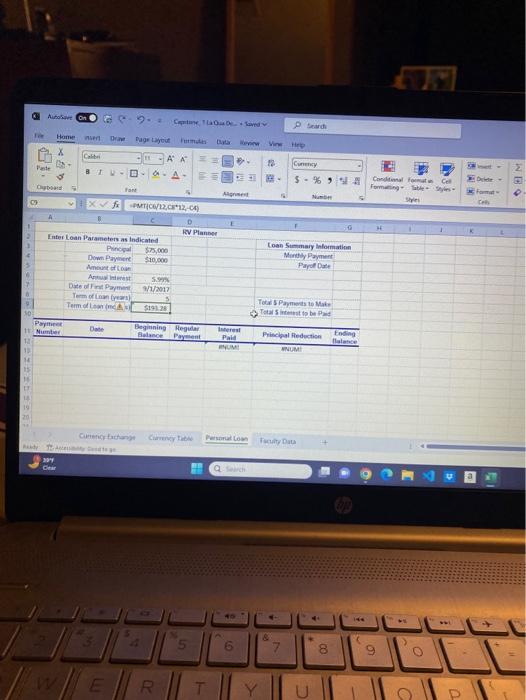 Display the Personal Loan worksheet. Insert a formula in cell C9 to