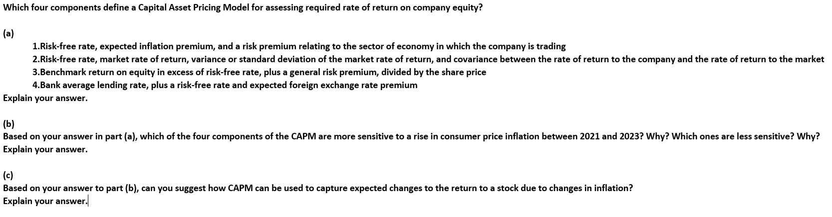  Which four components define a Capital Asset Pricing Model for assessing