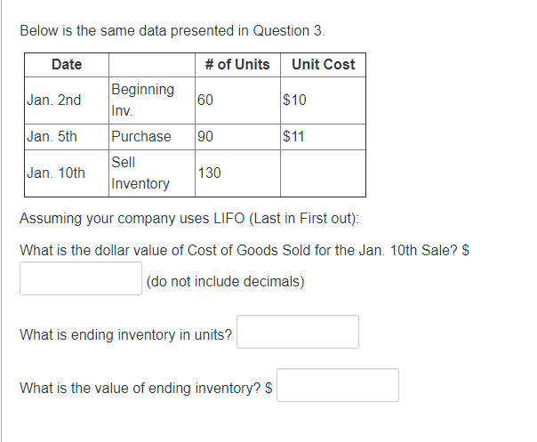 of Units Unit Cost Jan. 2nd 60 $10 Jan. 5th Beginning Inv.