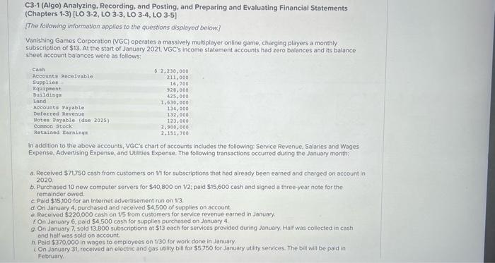  C3-1 (Algo) Analyzing, Recording, and Posting, and Preparing and Evaluating Financial