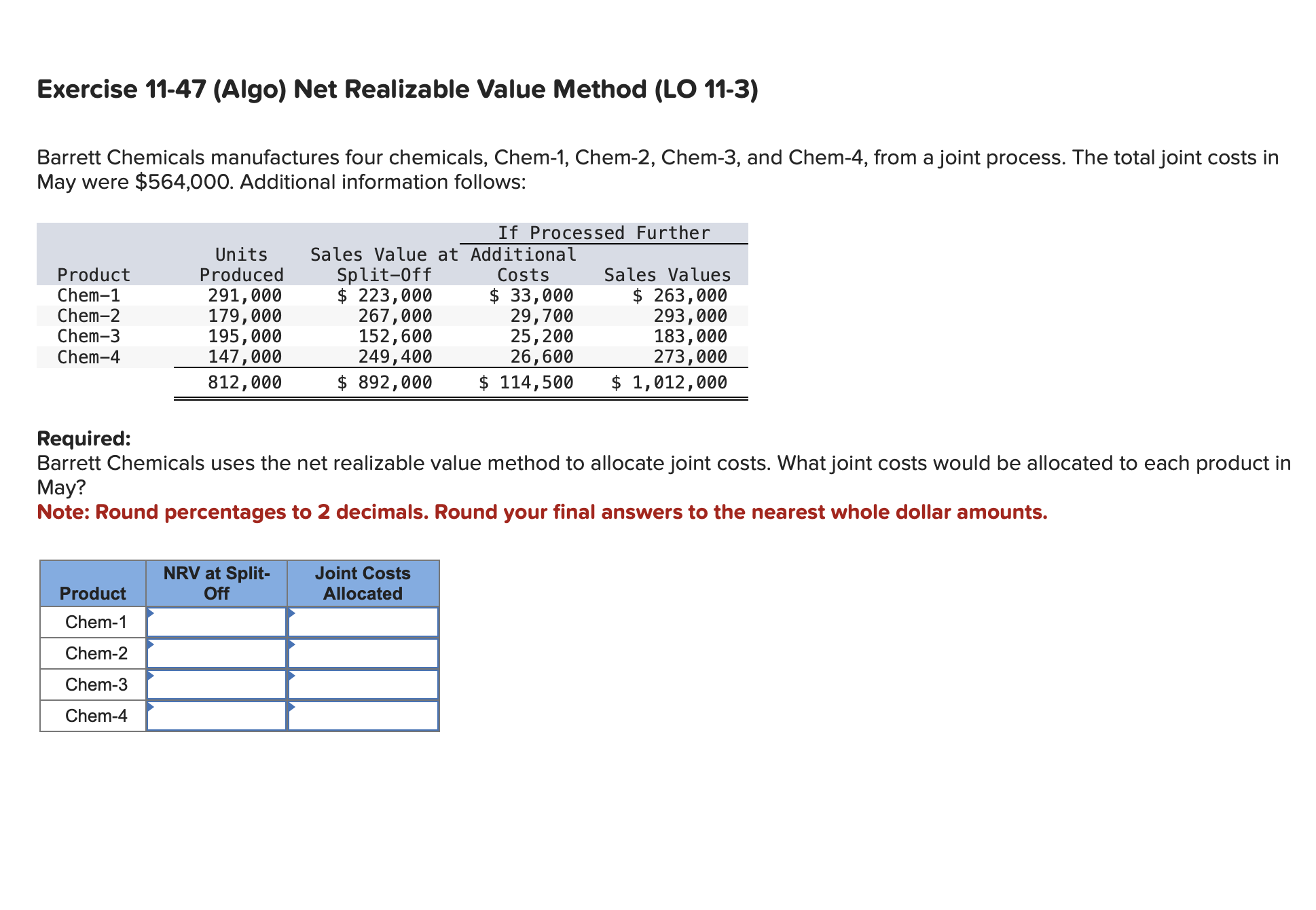  Exercise 11-47(Algo) Net Realizable Value Method (LO 11-3) Barrett Chemicals manufactures