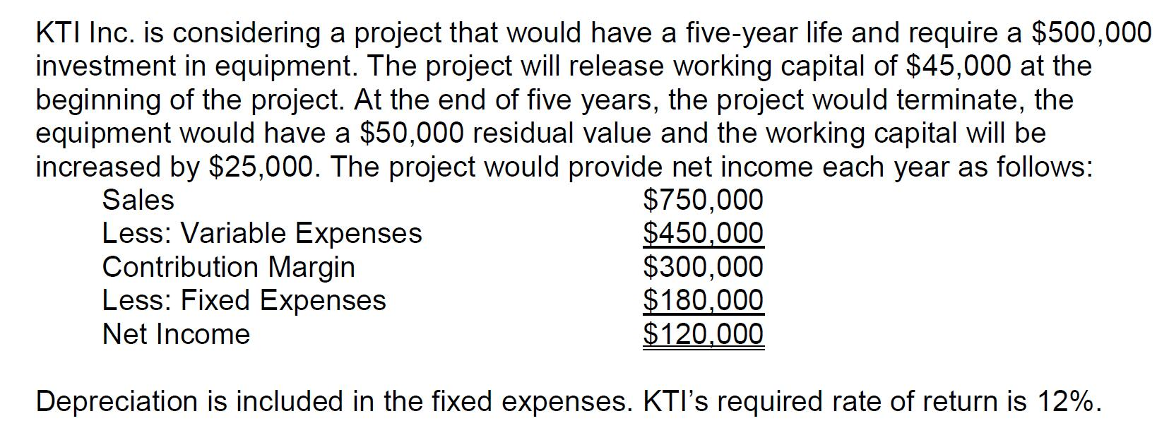 KTI Inc. is considering a project that would have a five-year life