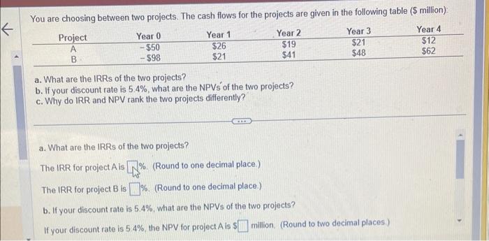  You are choosing between two projects. The cash flows for the