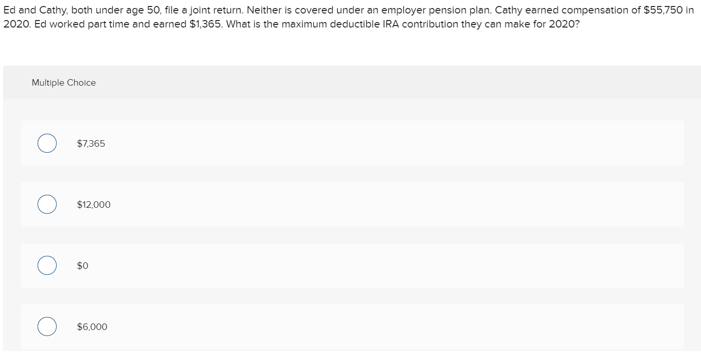 Ed and Cathy, both under age 50, file a joint return.