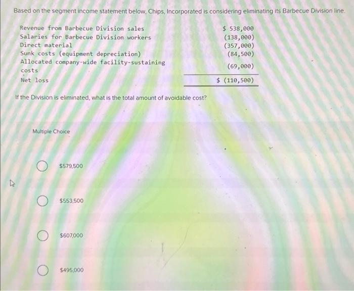  Based on the segment income statement below, Chips, Incorporated is considering