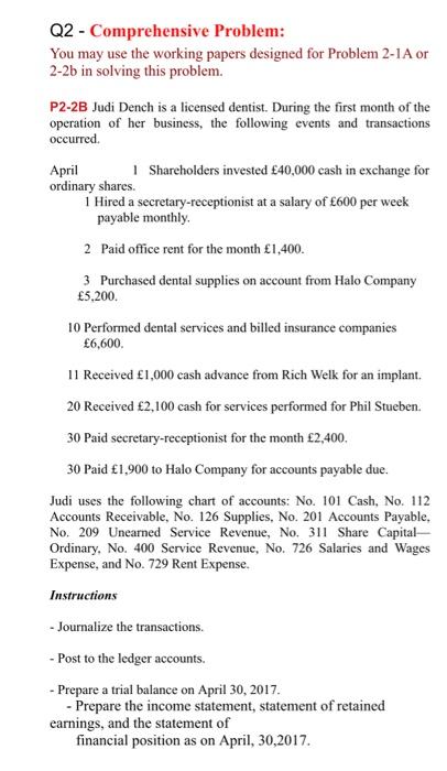  Q2 - Comprehensive Problem: You may use the working papers designed