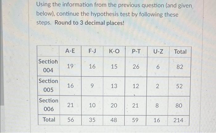  Using the information from the previous question (and given below), continue