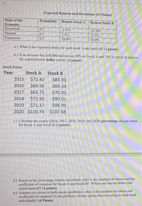 i only need question E! thanks Expected Returns and Deviations (15 Points)