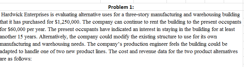 Problem 1: Hardwick Enterprises is evaluating alternative uses for a three-story