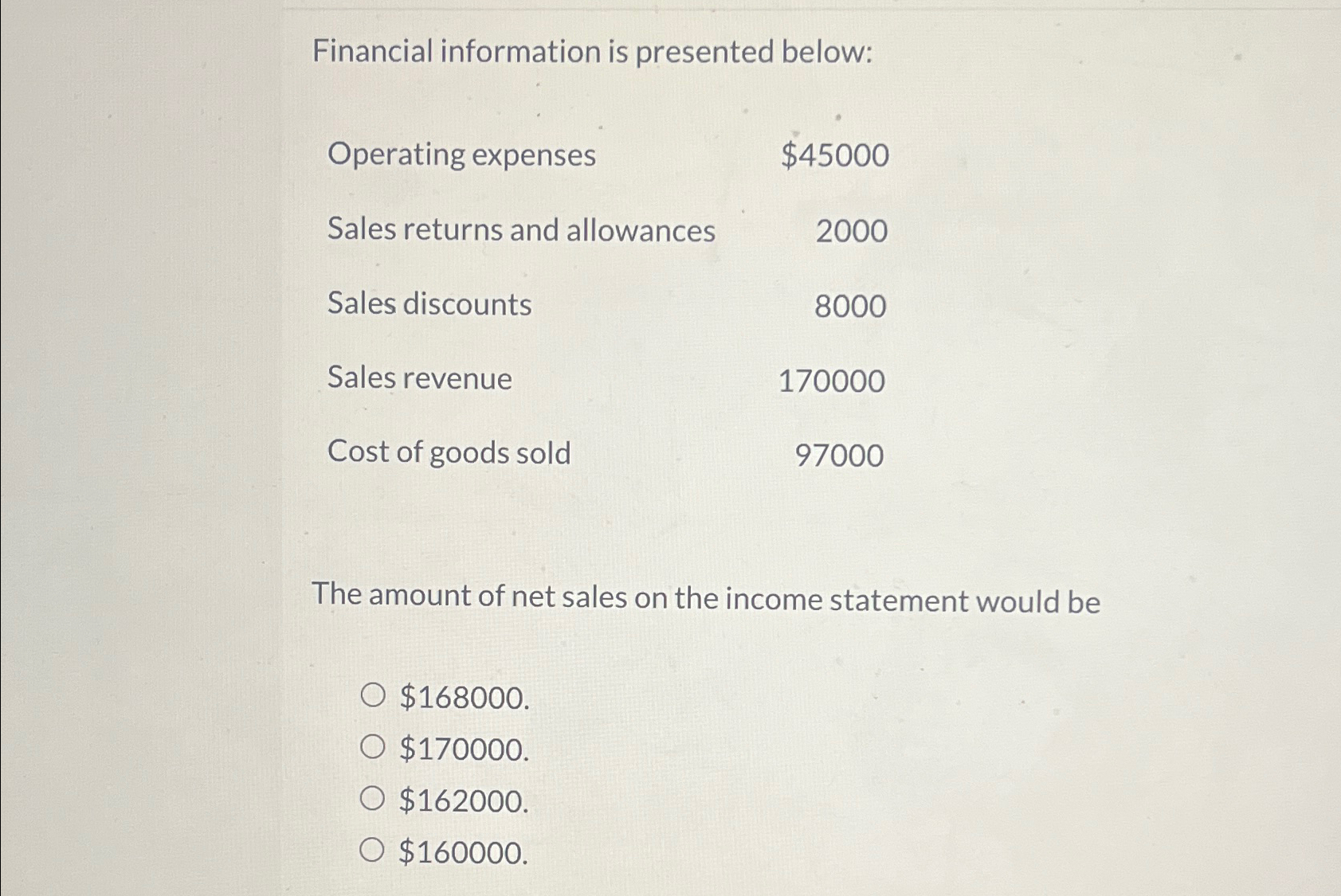  Financial information is presented below: \table[[Operating expenses,$45000 