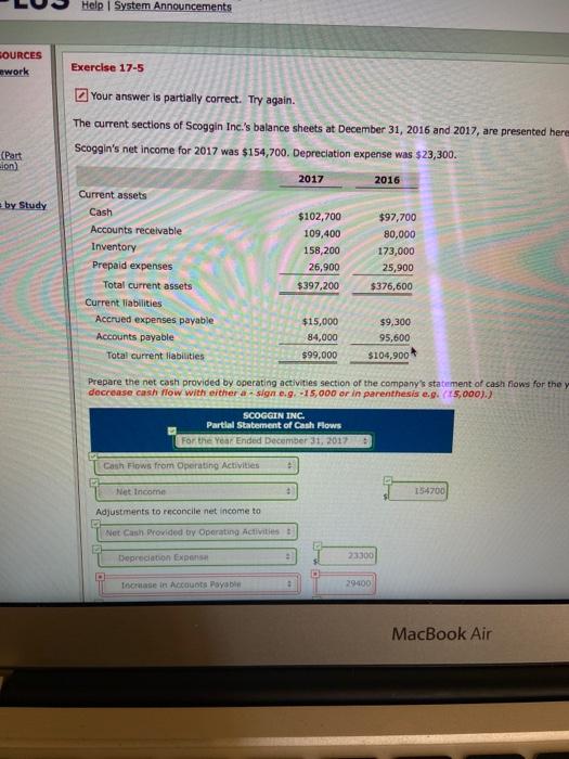  Help System Announcements SOURCES ework Exercise 17-5 Your answer is partially