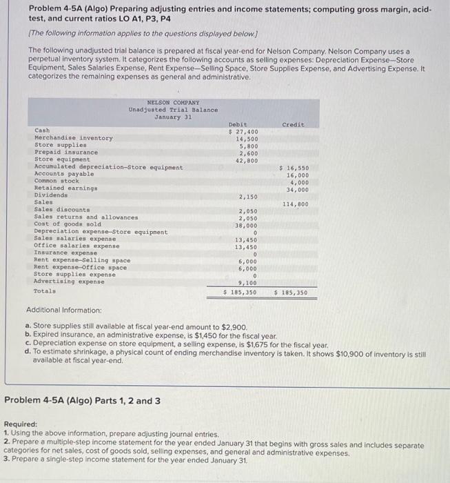 Problem 4-5A (Algo) Preparing adjusting entries and income statements; computing gross