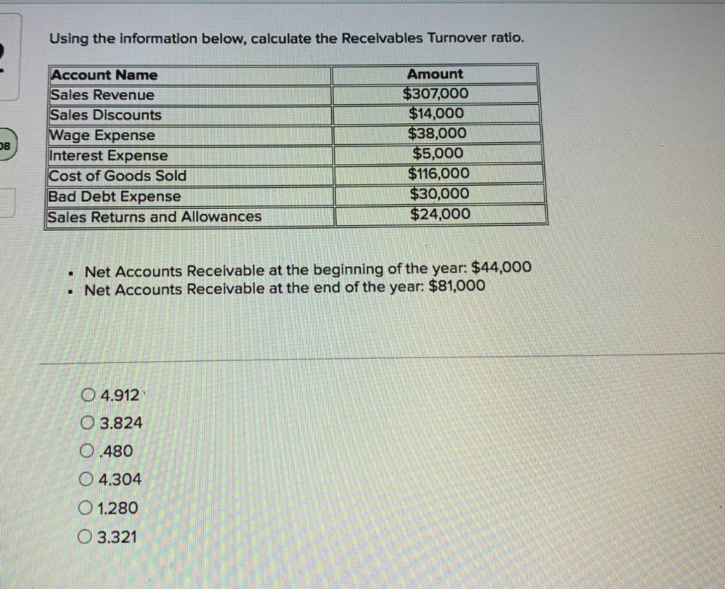  Using the information below, calculate the Receivables Turnover ratio. 8 Account
