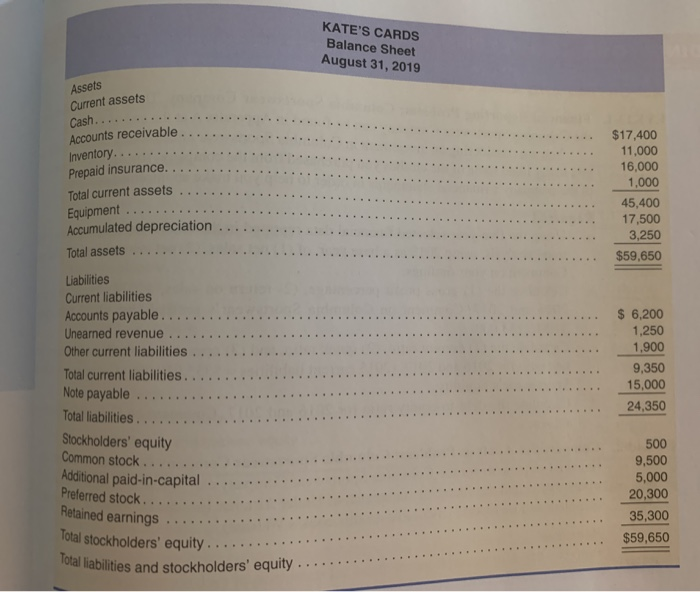 $59,650 KATE'S CARDS Statement of Cash Flows Year Ended August 31, 2019