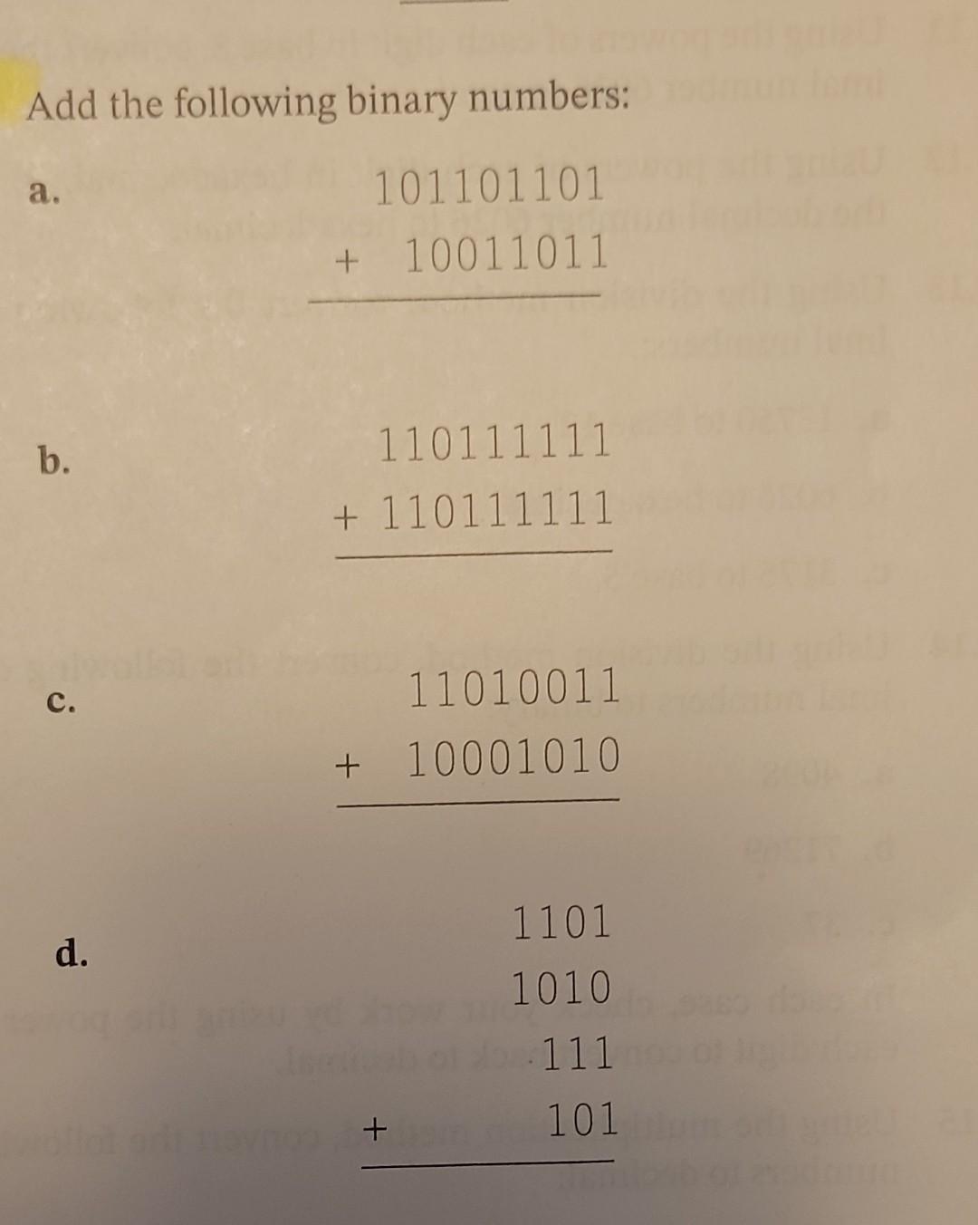 help Add the following binary numbers