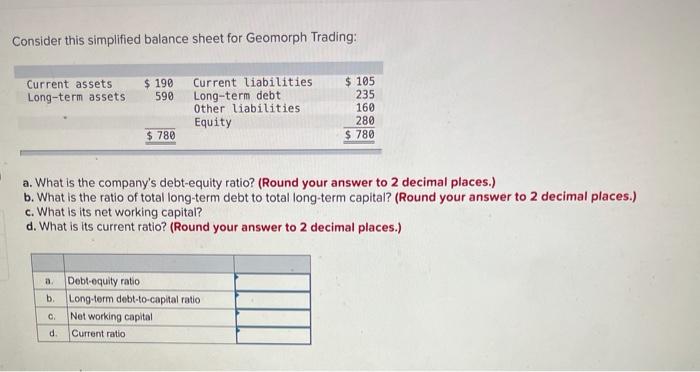  Consider this simplified balance sheet for Geomorph Trading: Current assets Long-term