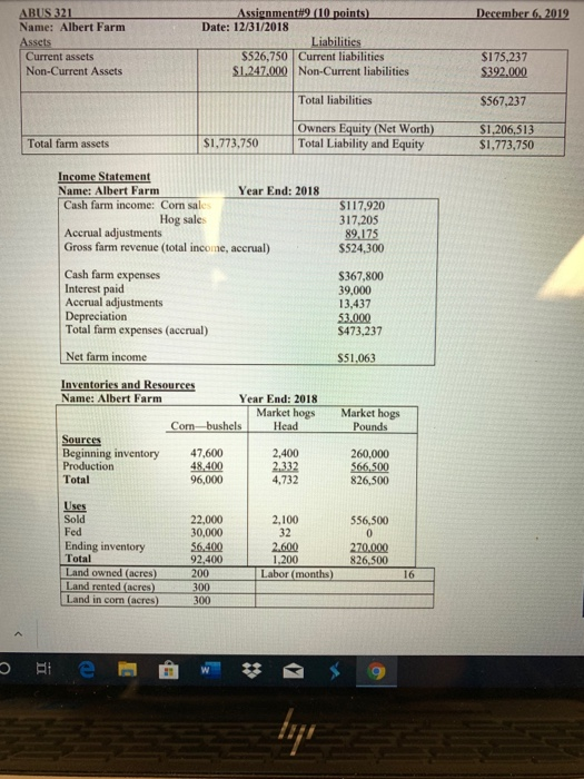  December 6, 2012 ABUS 321 Name: Albert Farm Assets Current assets