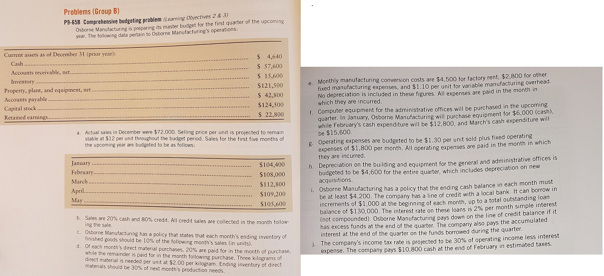  Problems (Group B) P9-65B Comprehensive budgeting problem (Learning Objectives 2 &