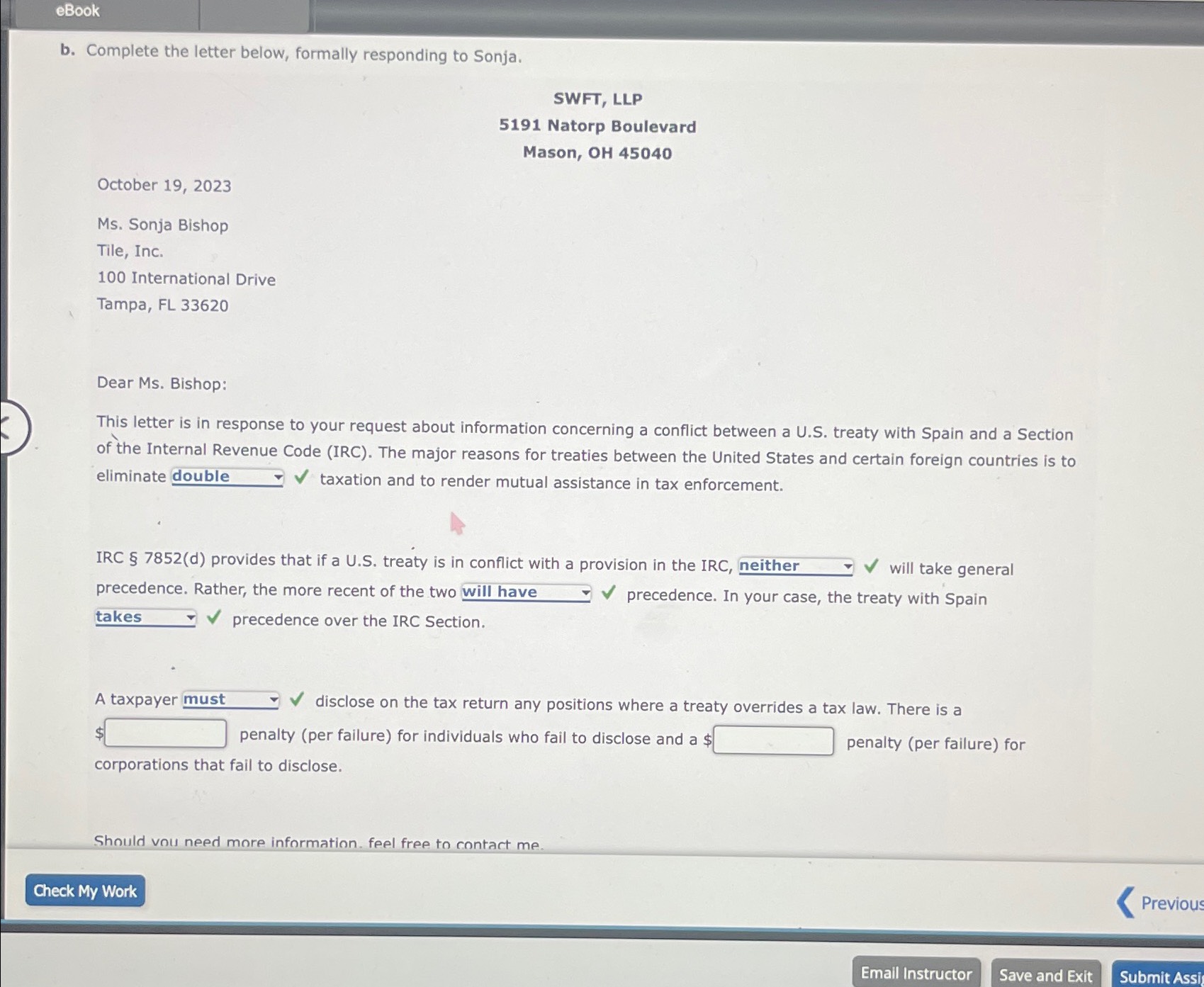  eBook b. Complete the letter below, formally responding to Sonja. SWFT,