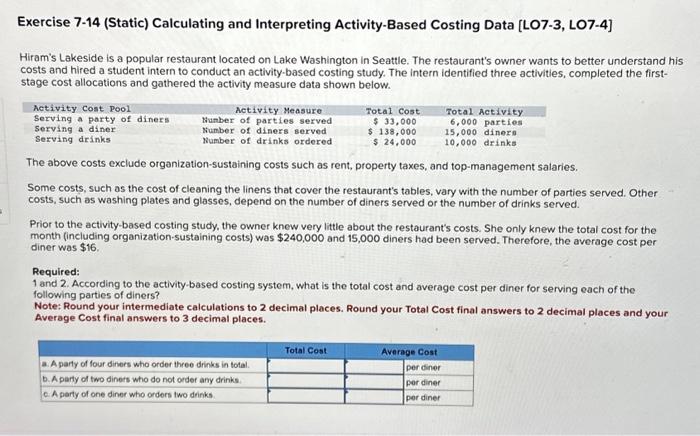  Exercise 7-14 (Static) Calculating and Interpreting Activity-Based Costing Data [LO7-3, LO7-4]