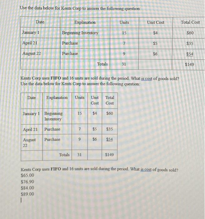  Use the data below for Kents Corp to answer the following