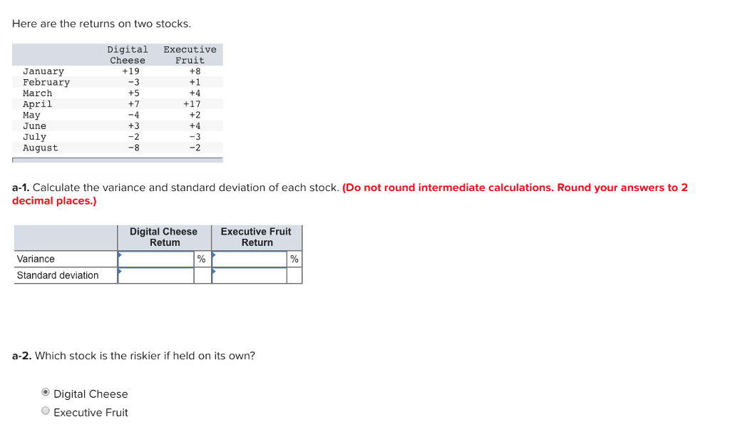 Here are the returns on two stocks Digital Executive Cheese Fruit